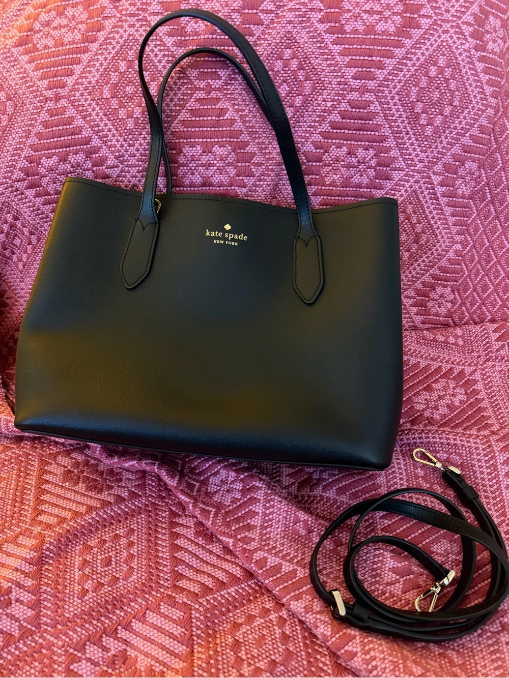 Kate Spade Black Leather Double-Handle Tote with Removable Strap